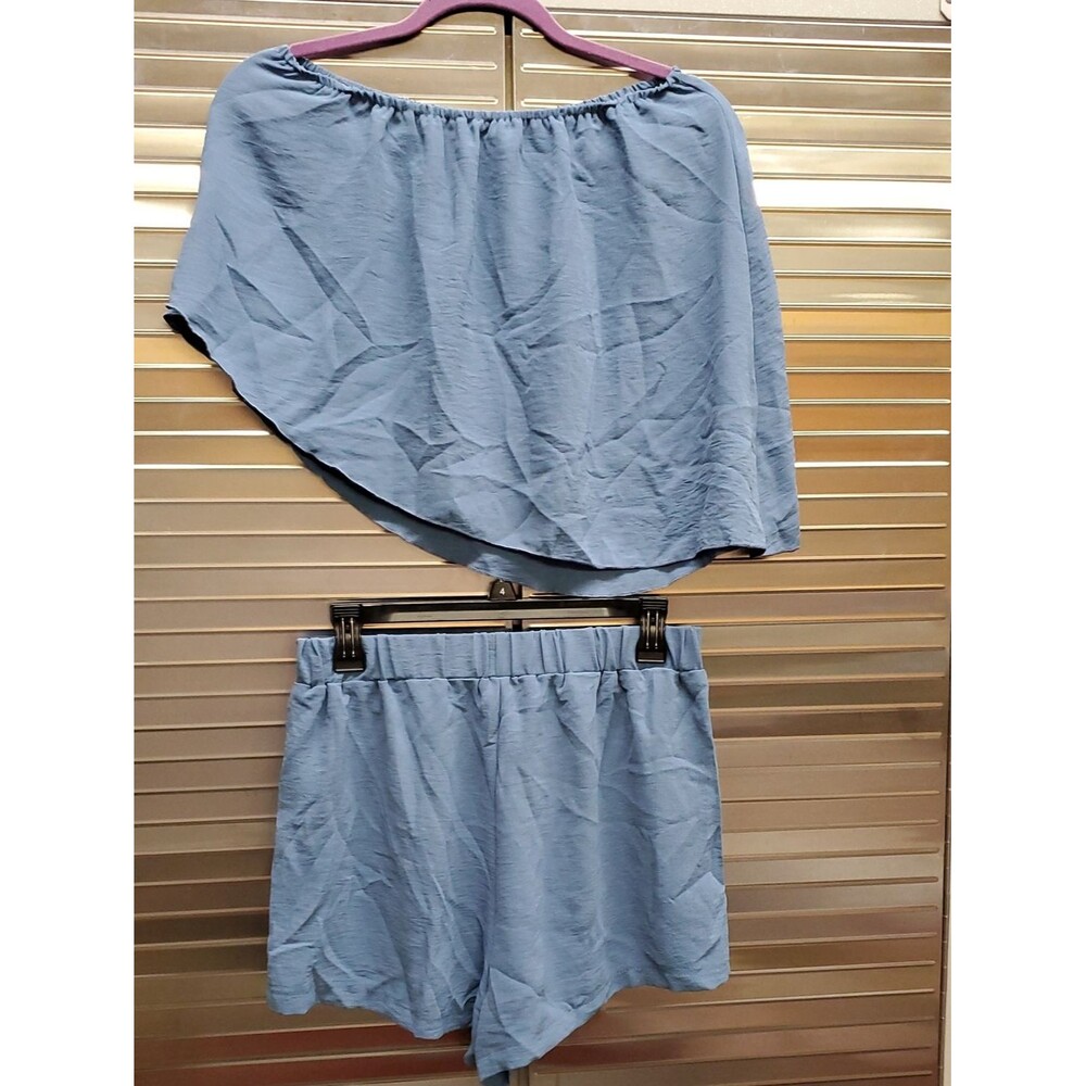 Shein Women’s Light Blue Two-Piece Off Shoulder Shirt and Short Set
